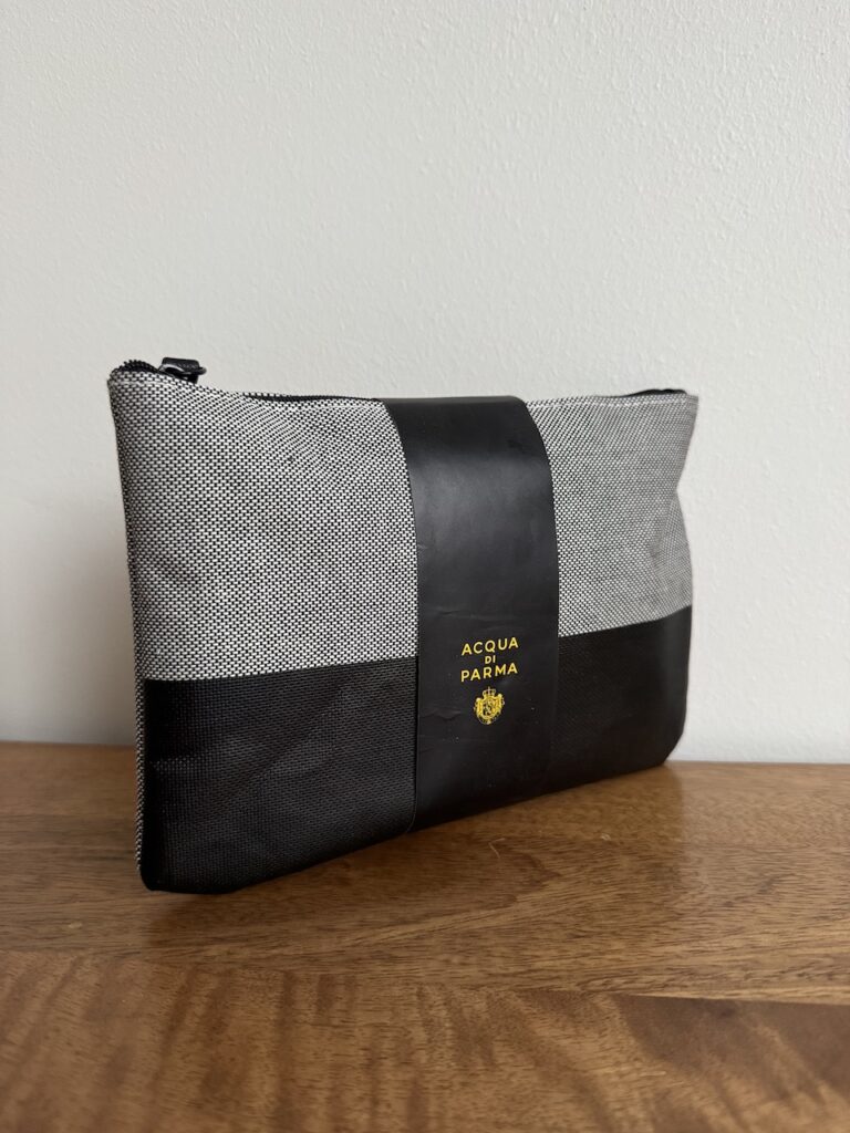 Pouch detail — minimalist branding and sustainable materials
